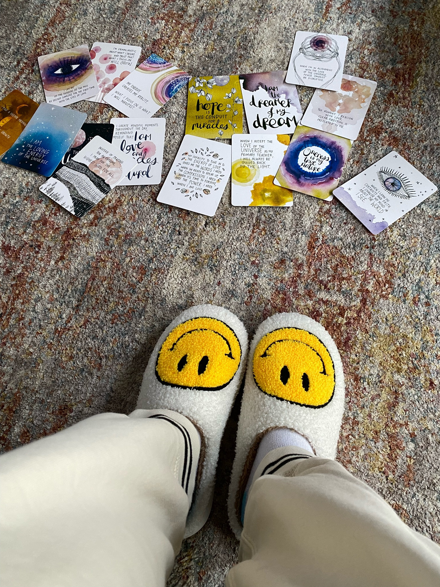 Sharing comfy cozy vibes. 🙂There’s nothing like keeping my feet warm in cute slippers while pulling some spiritual guidance cards with my bestie. 🙂 This deck is not only beautiful but the messages on each are well thought out. 🙂 For mosaic tips, tutorials, inspiration, and so much more please visit my YouTube channel: YouTube.com/julieweilbacher. Follow @julieweilbacher on Instagram for all things mosaic art. gifts for besties - smiley face slippers - cute slippers - spiritual cards - watercolor cards - fun slippers - comfy slippers - gifts for group trips - gifts for your best friend - JCrew style - comfy cozy vibes - comfortable style

#LTKhome #LTKfindsunder50 #LTKGiftGuide