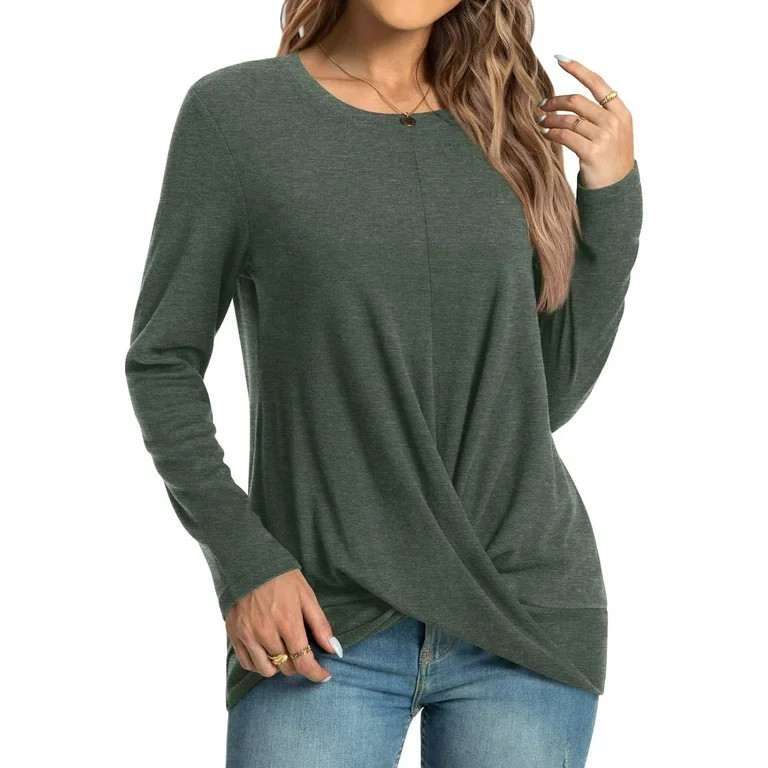 Women's Long Sleeve Tunic Tops Casual Round Neck T-Shirts Front Twist Top | Walmart (US)