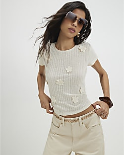 White Short Sleeve 3D Flower Trim Top | River Island UK & IE