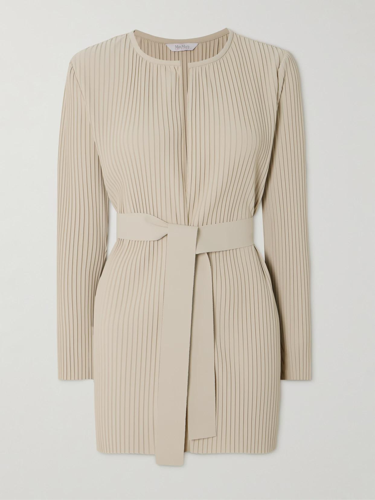 Max Mara - Belted Plissé-crepe Cardigan - Beige | NET-A-PORTER (UK & EU)