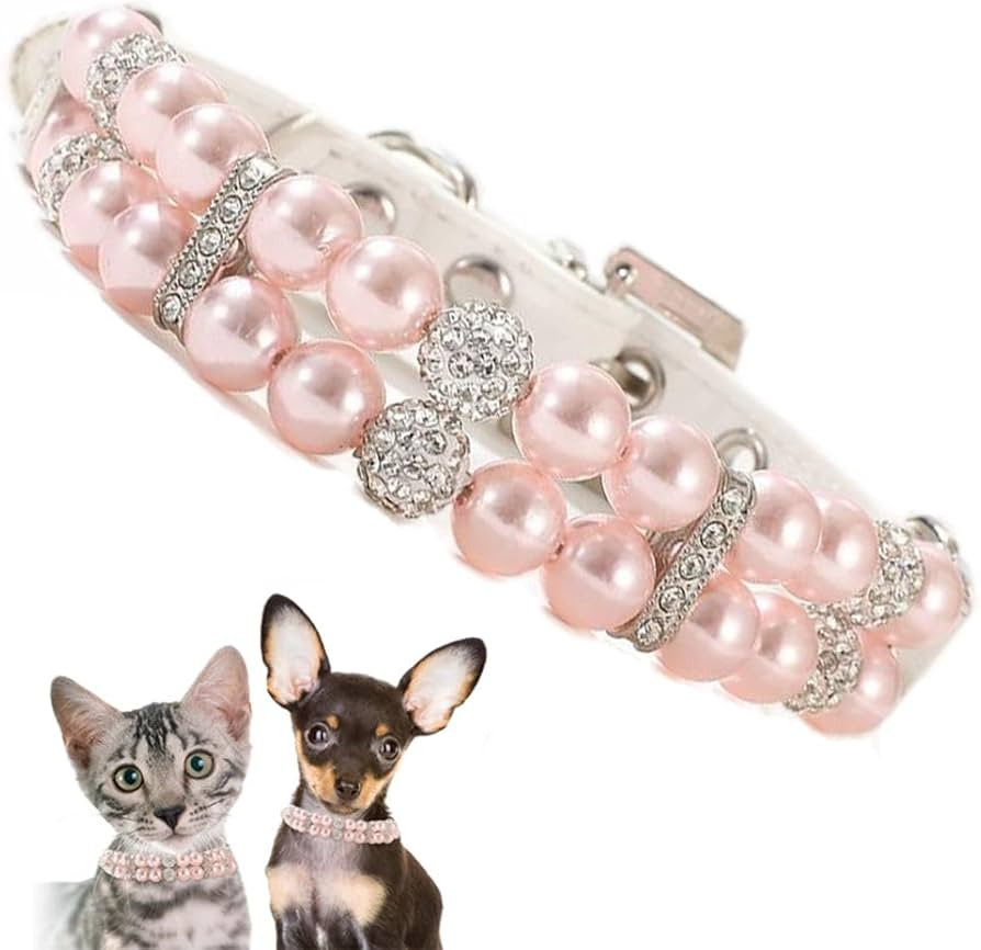 Pink Pearl Collars for Dogs, Fancy Crystal Bling Pearl Cat Collar Rhinestone Luxury Beaded Puppy ... | Amazon (US)