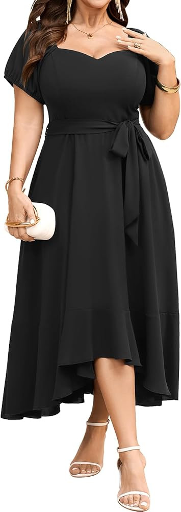 SCOMCHIC Women's Plus Size Dress for Cocktail Wedding Guest Sweetheart Neckline Formal Belted Max... | Amazon (US)