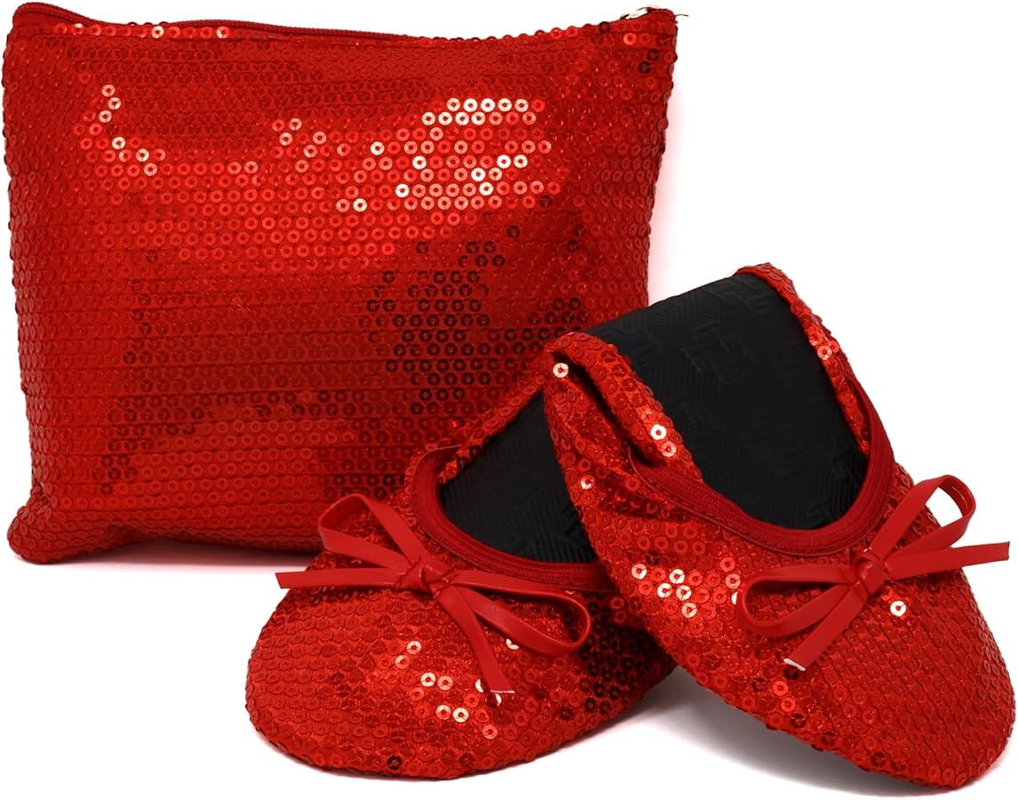 Silky Toes Women's Foldable Sequin Shoes Dressy Ballet Flats Roll Up Slipper Shoe with Matching C... | Amazon (US)