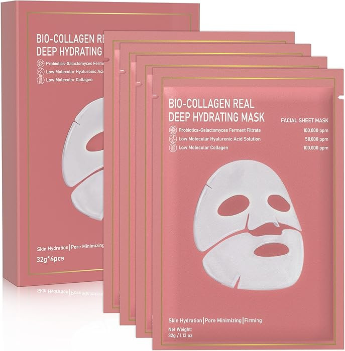 Collagen Face Mask, 4 Pack Bio-Collagen Real Deep Mask Overnight Hydrating Face Mask for All Skin... | Amazon (US)