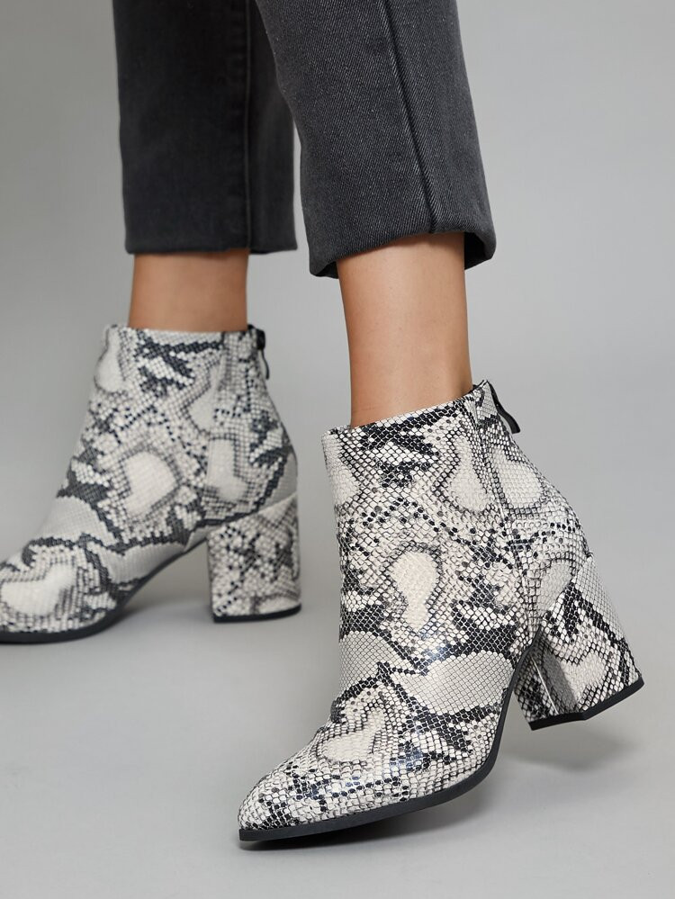 Pointy Toe Block Heel Snakeskin Ankle Boots | SHEIN