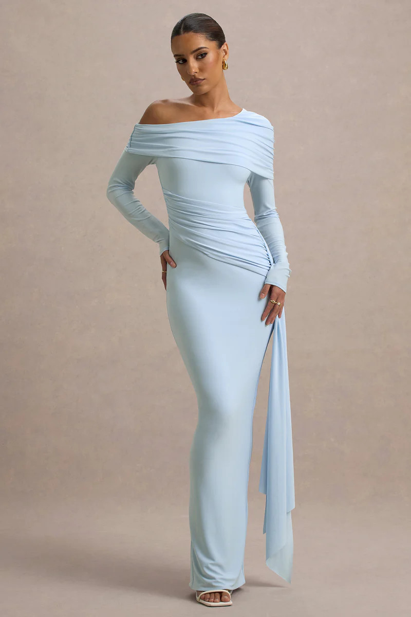 Valina  Powder Blue Ruched Asymmetric Maxi Dress With Drape | Club L London