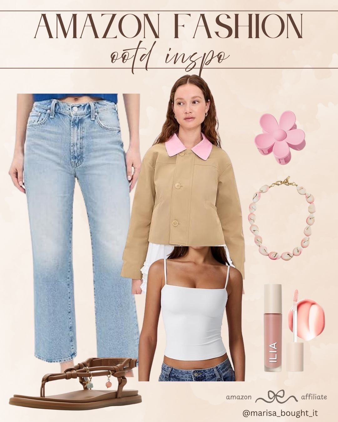 I am pairing classic light-wash denim with a crisp white bodysuit and a camel cropped jacket featuring a contrast pink collar for a subtle pop of color.
🌸 Styled with a sweet floral claw clip, a beaded necklace, and strappy brown sandals for easygoing charm.
#EverydayStyle #AmazonOOTD #DenimLook #CasualChic #SpringFashion #AmazonFashion #OOTDInspo

#LTKootd #LTKSeasonal #LTKgrwm