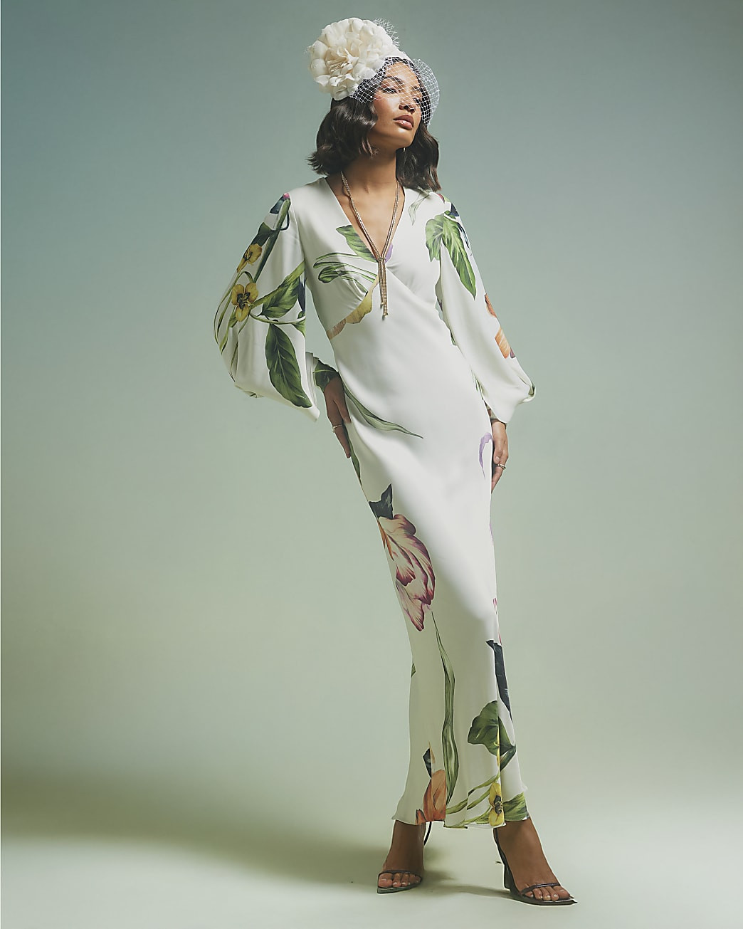 Cream Premium Floral Split Sleeve Midi Dress | River Island UK & IE