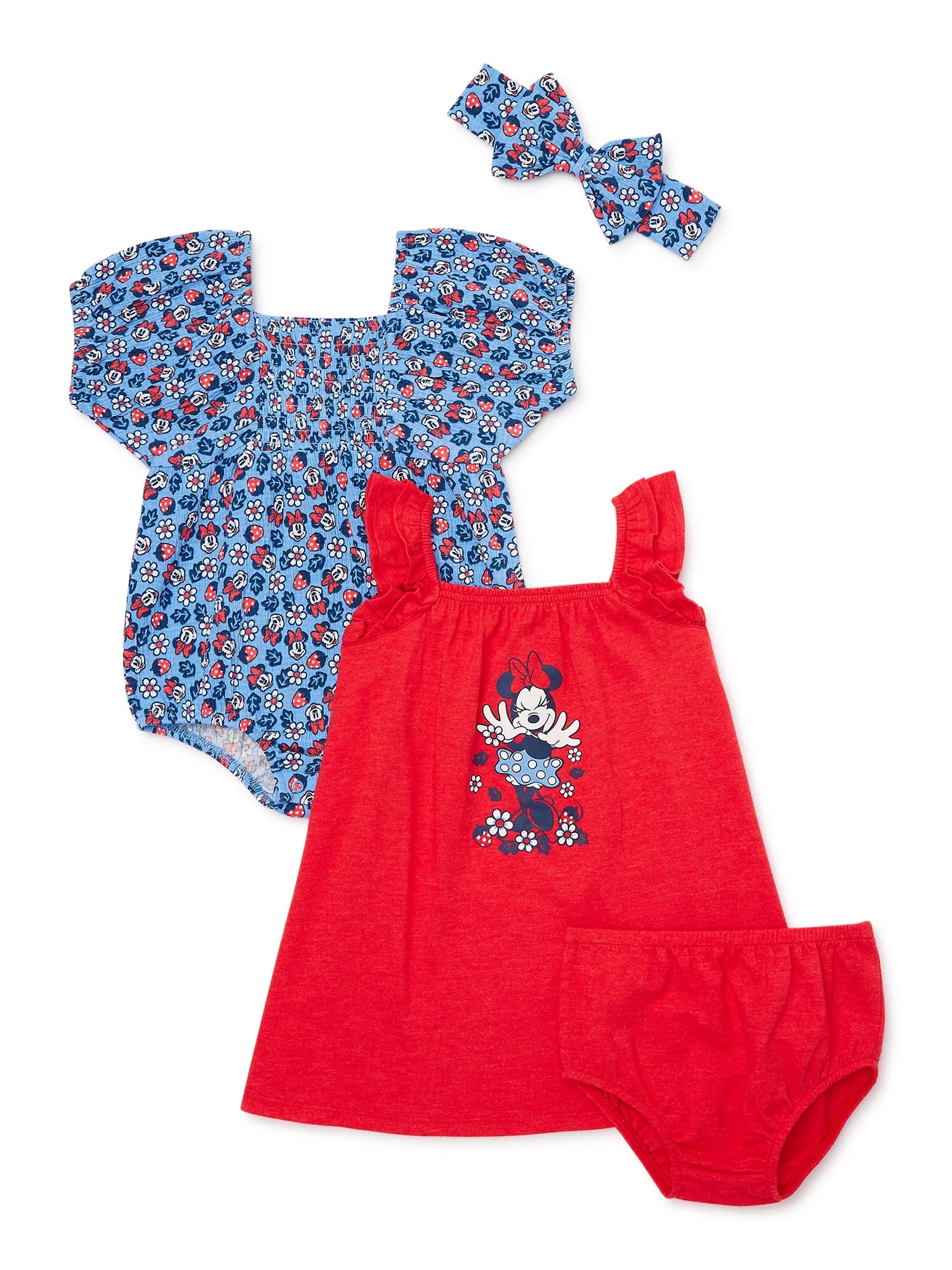 Minnie Mouse Baby Girl Sundress, Romper and Diaper Cover Outfit Set with Headband, Sizes 0/3M-24M... | Walmart (US)