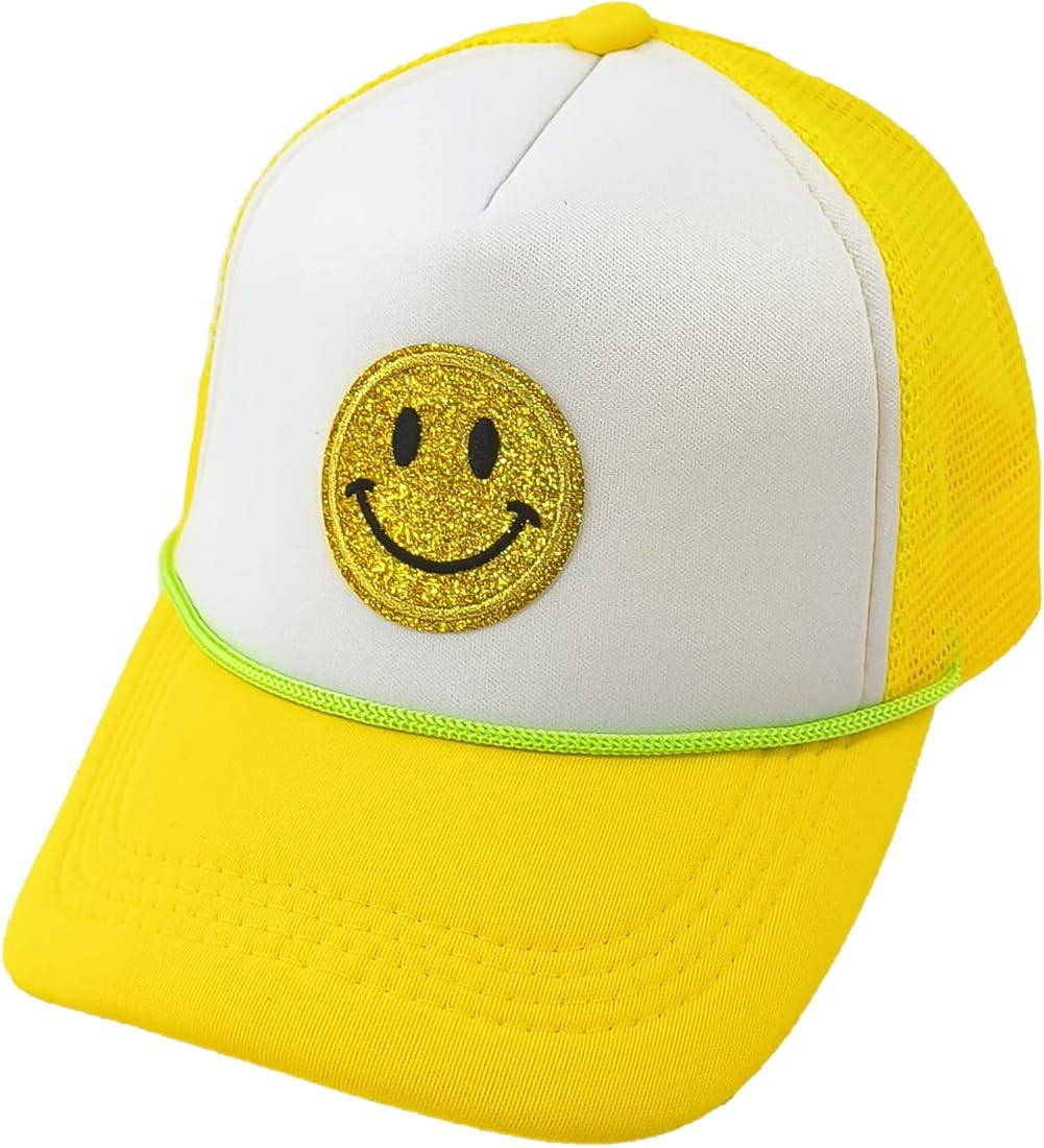 Trucker Hat Baseball Cap Mesh Adjustable Snapback Hats with Sequins Smile Patch Sun Hat Women Men | Amazon (US)