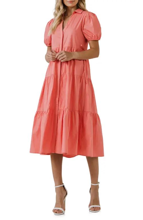 English Factory Tiered Puff Sleeve Poplin Midi Dress in Coral at Nordstrom, Size X-Small | Nordstrom