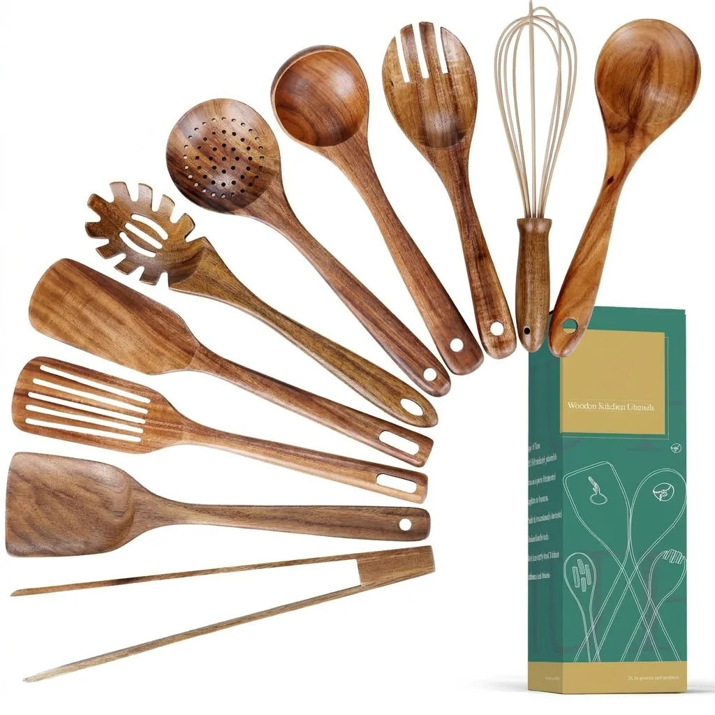 Etokfoks Teak Wood Kitchen Utensil Set 10 Pack Non Stick Cooking Spoons and Spatulas for Non Scratch Cookware | LETPQPTNJ | Lowe's