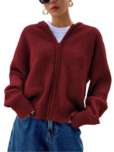 SOLY HUX Zip Up Cardigan for Women Hooded Cardigan Sweater Knitted Drop Shoulder Fall Clothes Winter Hoodies Outerwear Plain Burgundy Medium | Amazon (US)
