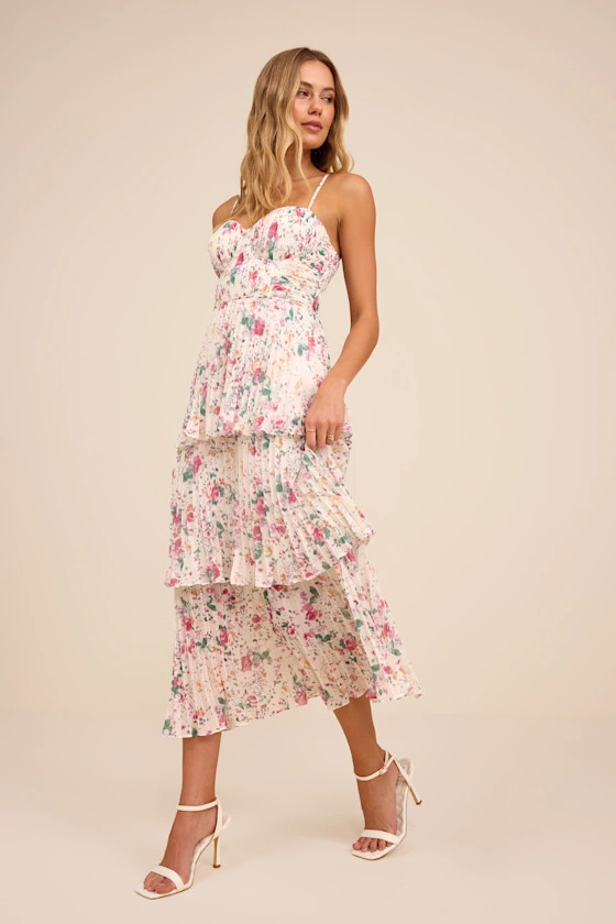 Cascading Crush Ivory Floral Print Tiered Bustier Midi Dress | Lulus