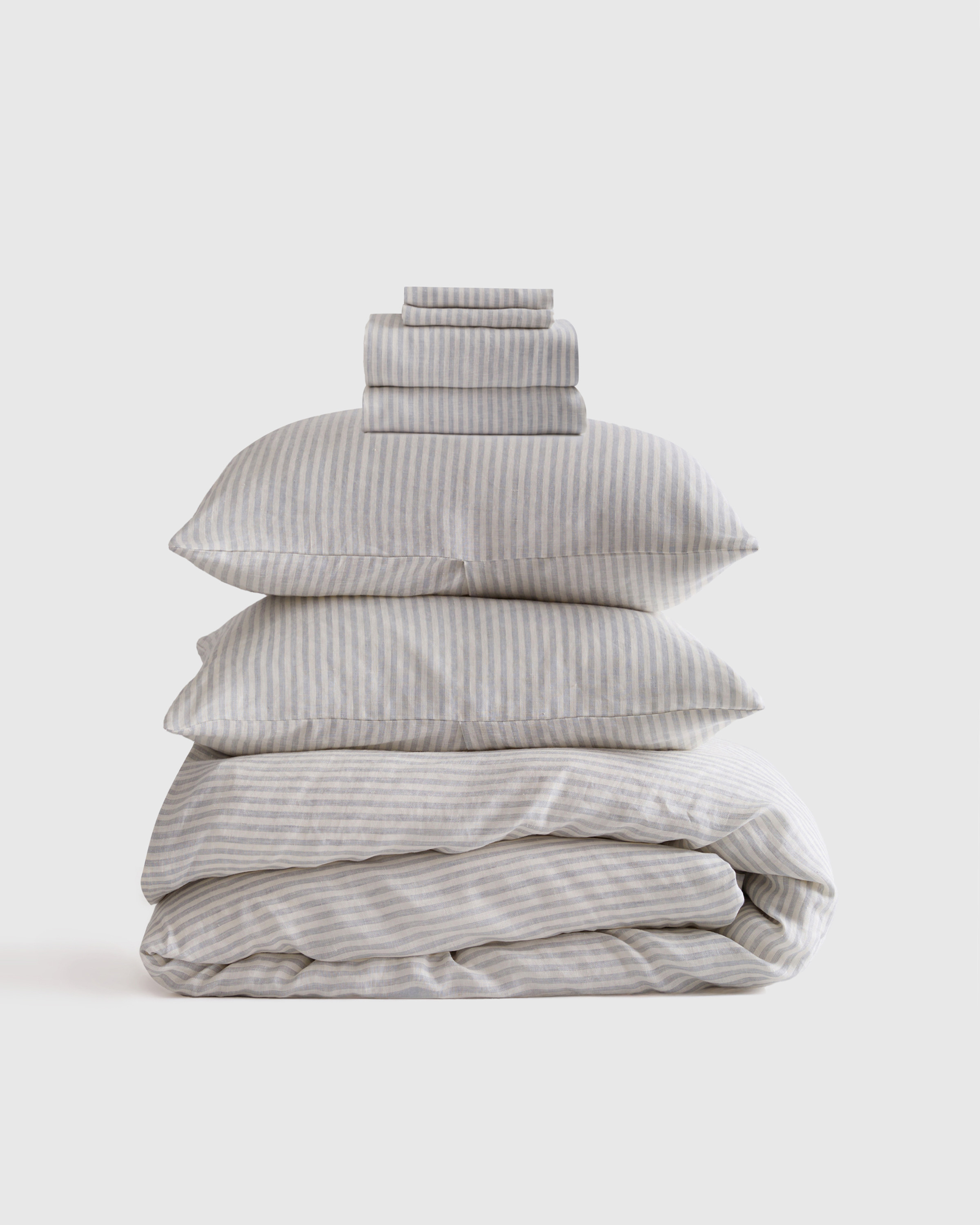 Quince | European Linen Stripe Deluxe Bedding Bundle in Mist/White Stripe, Size King | Quince