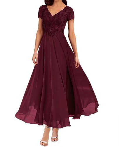 A-Line Mother of The Bride Dresses for Women Petite Tea Length Lace Appliques Formal Evening Party Prom Gown Chiffon Short Sleeve Burgundy 16 Plus Size DR0201R JS | Amazon (US)