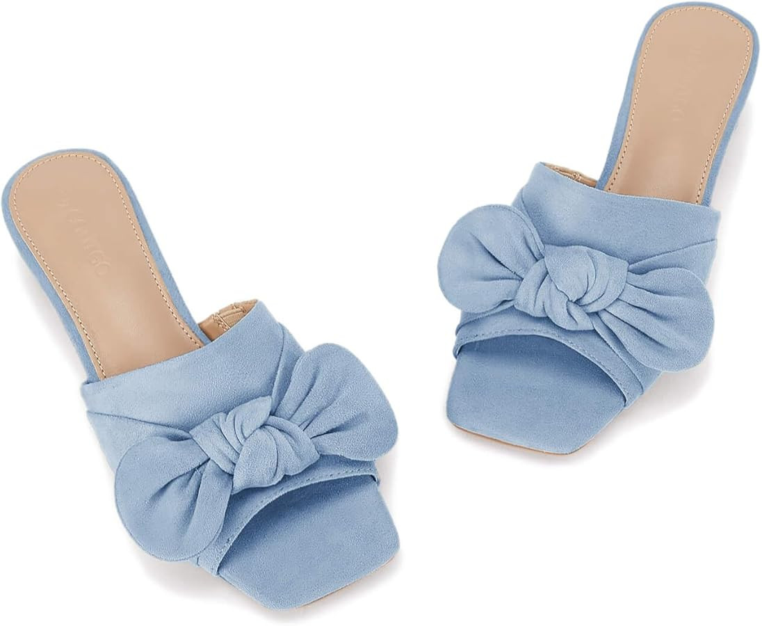 Coutgo Womens Bow Slides Sandals Slip On Chunky Low Heel Square Open Toe Elagant Summer Shoes | Amazon (US)