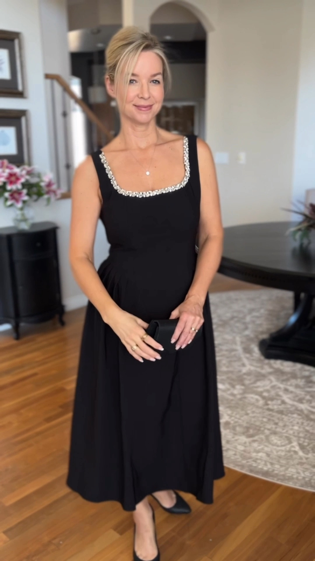 Audrey Hepburn style black dress! 
I love that there is no need for any statement jewelry… the diamond neckline is the stunning feature on this dress! 

#LTKHoliday #LTKStyleTip #LTKParties