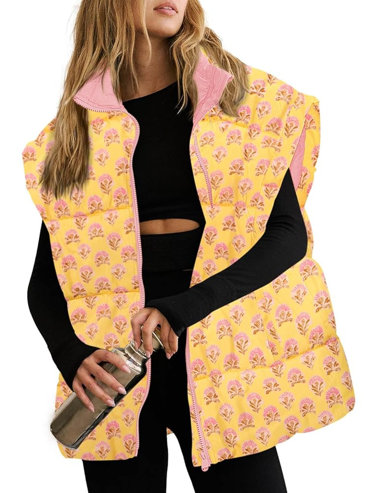 Tankaneo Womens Floral Oversized Puffer Vest Cap Sleeve Winter Warm Puffy Quilted Jackets Coat | Amazon (US)