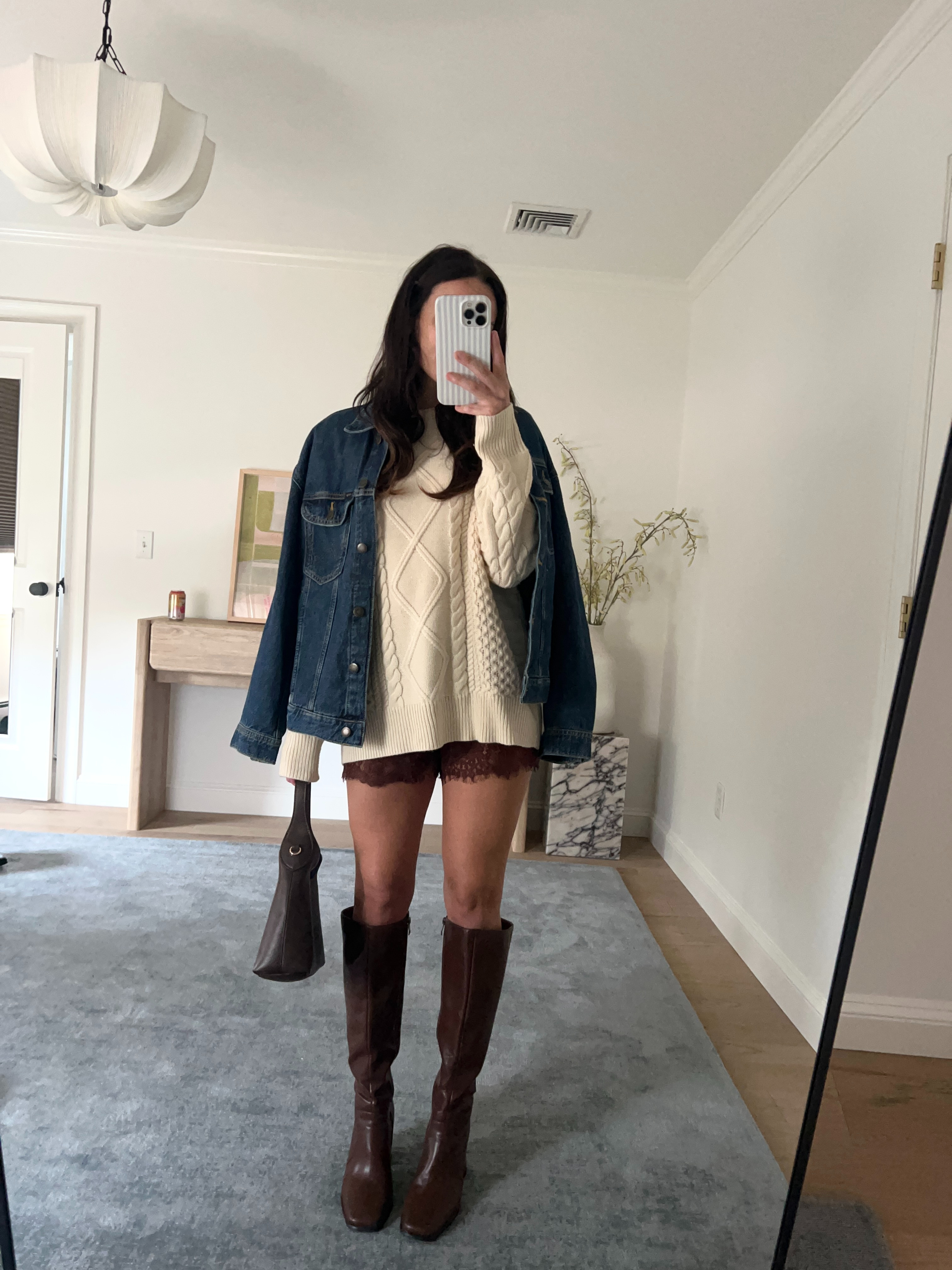 Fall outfit! Sweater in S, shorts in XS, jacket in XS, boots true to size 

 #LTKSeasonal