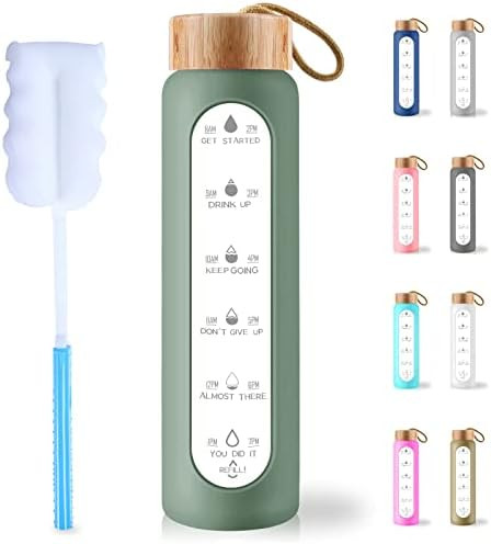 AQULEA 32 Oz Borosilicate Glass Water Bottle with Times to Drink - Wide Mouth BPA Free Glass Moti... | Amazon (US)