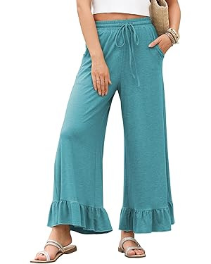 EVALESS Womens Wide Leg Pants Drawstring Elastic High Waisted Ruffle Hem Palazzo Pants with Pocke... | Amazon (US)