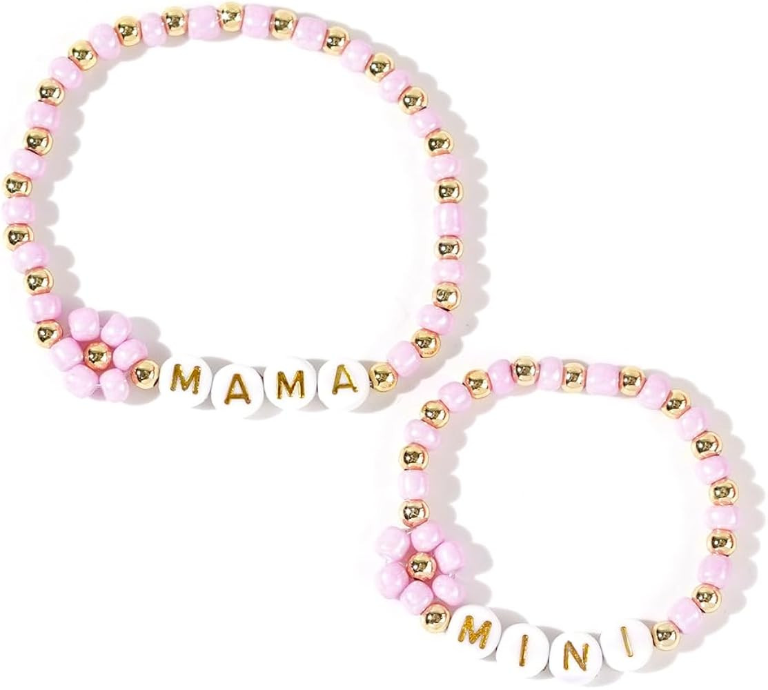 MAMA MINI Beaded Bracelet Set, 2PCS 4mm Pink Seed Bead Daisy Stretch Bracelets, Gold Letter Mommy... | Amazon (US)