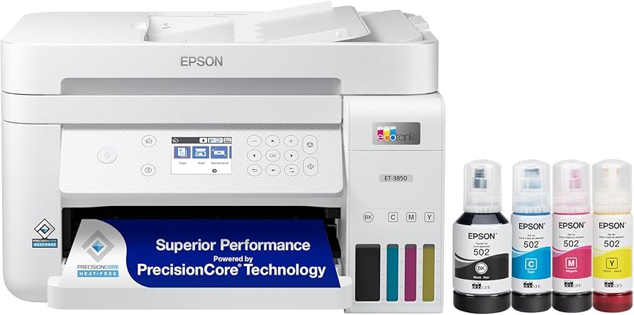 Epson EcoTank ET-3850 Wireless Color All-in-One Cartridge-Free Supertank Printer with Scanner, Co... | Amazon (US)
