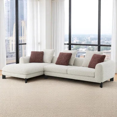 Modern Beige Tweed Sectional Sofa With Left-Facing Chaise – Maroon & Beige Pillows, Black Metal Legs | Wayfair North America