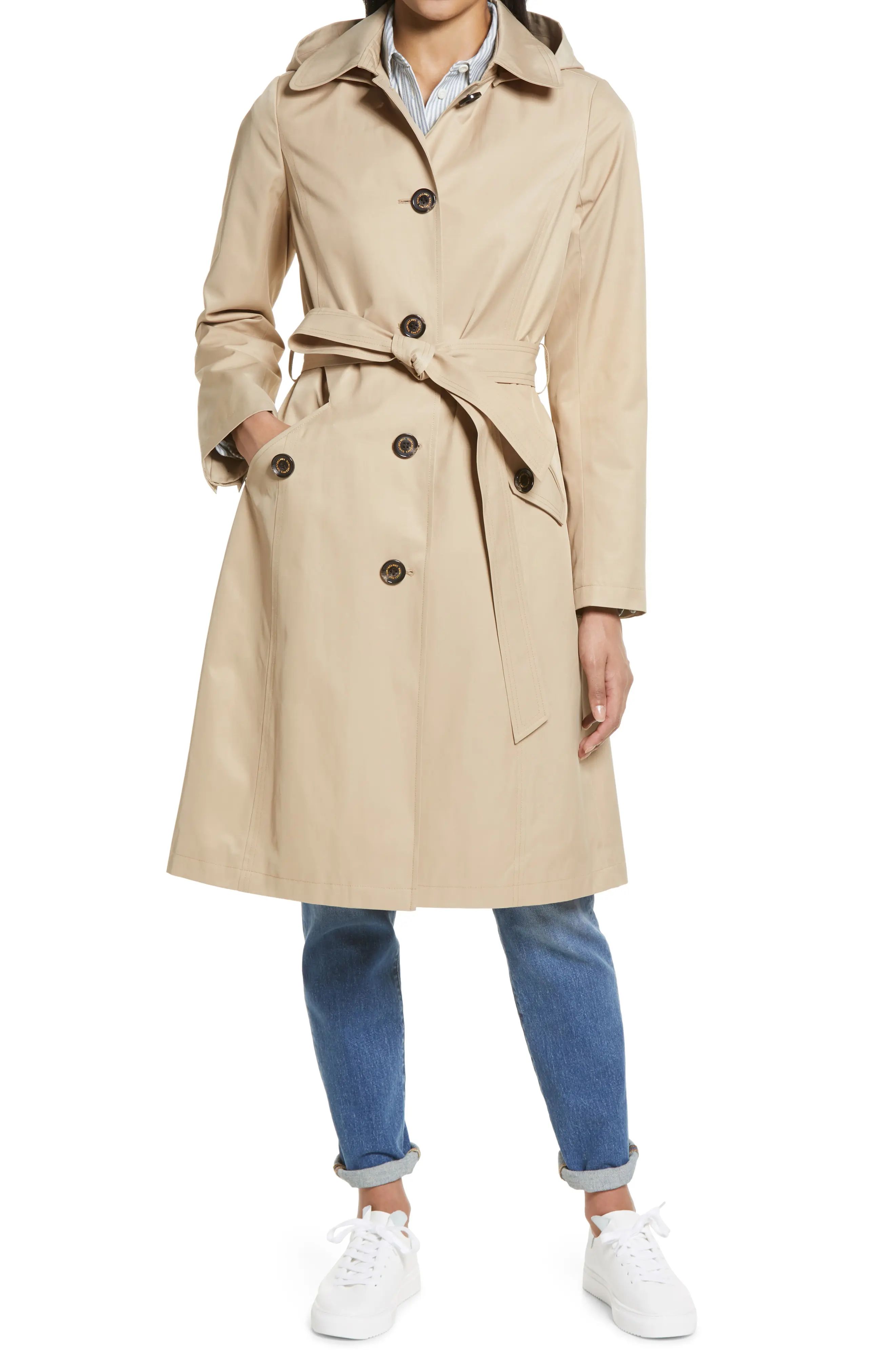Sam Edelman Water Repellent Belted Trench Coat with Removable Hood, Size Xx-Small in Sand at Nordstr | Nordstrom