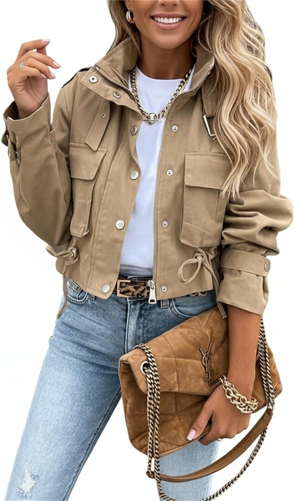 Womens Zip Up Cropped Bomber Jacket Long Sleeve Stand Collar Snap Down Lightweight Fall Outwear W... | Amazon (US)