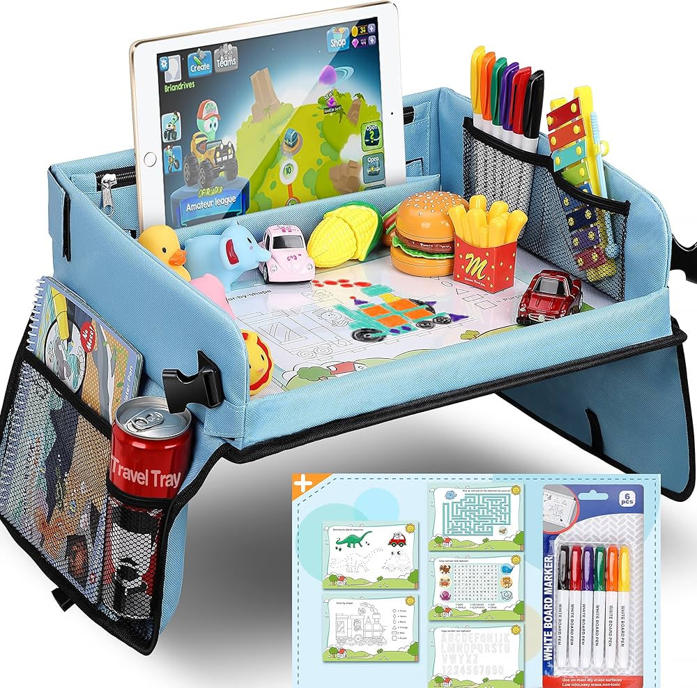 Upgraded Kids Travel Tray with Dry Erase Top Car Seat Travel Tray with 16 Organizer Pockets for C... | Amazon (CA)