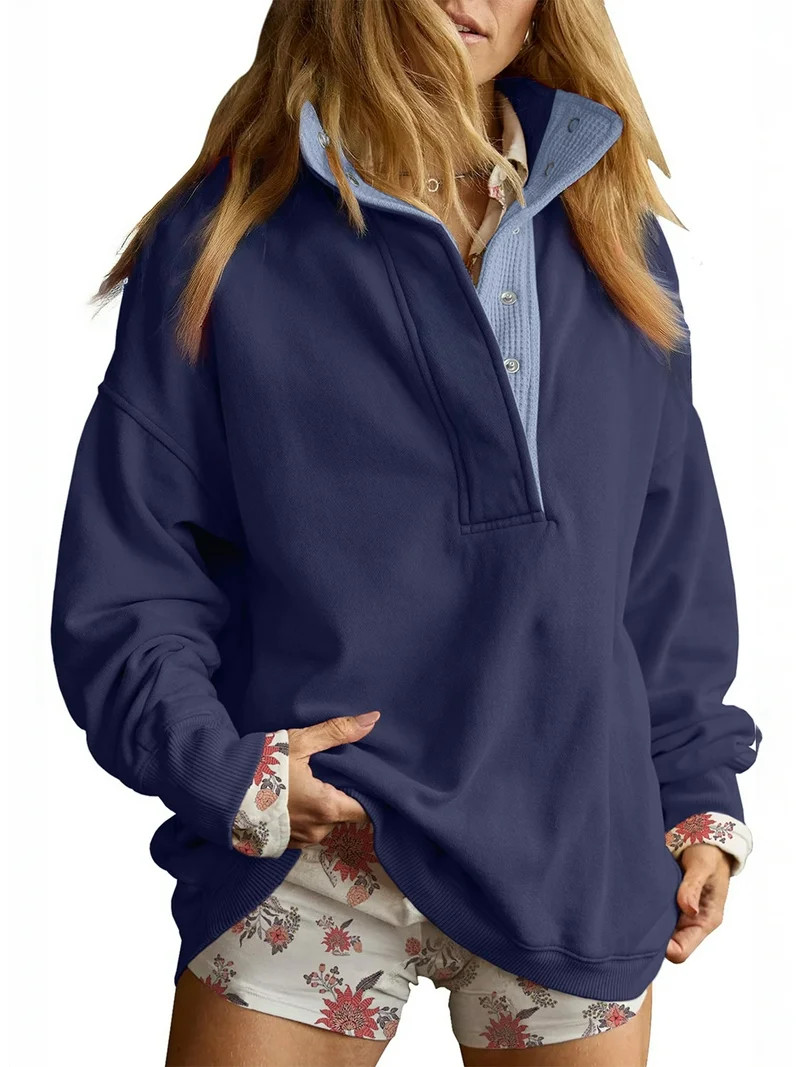 SHEWIN Sweatshirt for Women Oversized Casual Long Sleeve Quarter Button Henley Neck Pullover Tops... | Walmart (US)