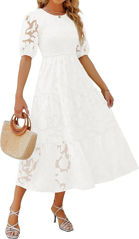 ZESICA Women's 2025 Summer Short Puff Sleeve Crewneck Smocked Floral Lace Flowy A Line Tiered Max... | Amazon (US)