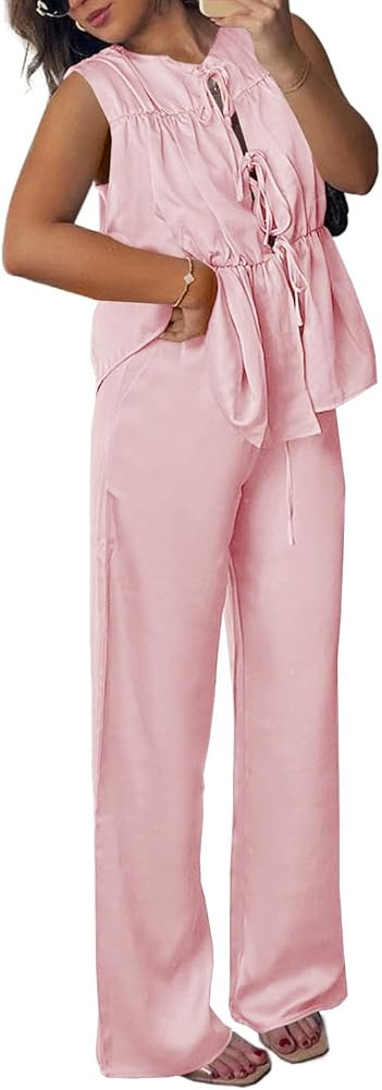 Tankaneo Womens Silk Stain 2 Piece Outfits Sleeveless Tie Front Babydoll Peplum Tops Wide Leg Pan... | Amazon (US)