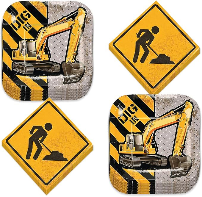 Construction Party Supplies - Construction Zone Metallic Paper Dessert Plates and Beverage Napkin... | Amazon (US)