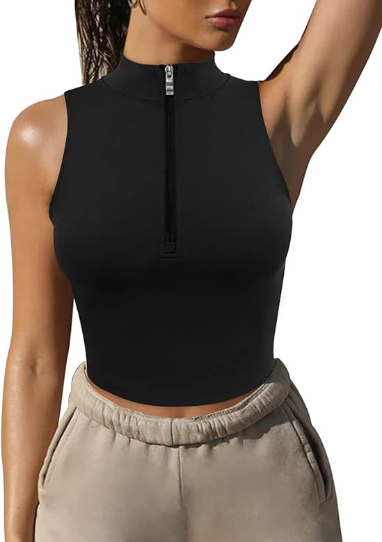 Womens Half Zipper Workout Top Racerback Yoga Short Tank Tops Collar Athletic Shirt Slim Fit Crop To | Amazon (US)