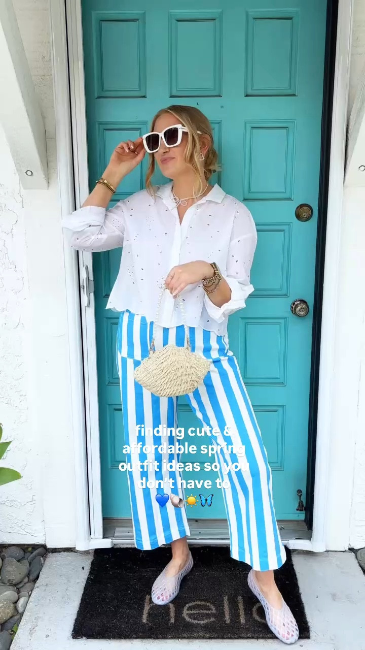 Spring & Summer outfit idea 💙☀️Summer striped pants from Amazon and an eyelet button down tops that goes with everything and is a spring/summer staple! 

Wearing 10 in pants and M in top at 145 lbs and 5’7” for reference. Shoes fit TTS, if between sizes I recommend sizing down! 

spring ootd, summer ootd, fun summer pants, striped pants, free people style, free people look for less, colorful style, colorful striped pants, eyelet top, button down top, spring tops, summer tops, jelly shoes, jelly flats, jelly sandals, elevated casual style, fun mom outfits, SAHM style, summer style ideas, spring outfit inspo

#LTKStyleTip #LTKSummerEdit #LTKFindsUnder50