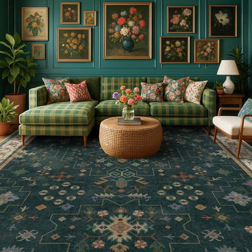 Dark Green Vintage Living Room Rug 9x12 - Boho Unique Floral Victorian Decor, Washable Low Pile N... | Amazon (US)