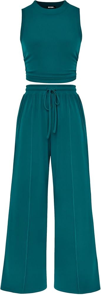 BTFBM Women Summer 2 Piece Outfits 2025 Beach Crew Neck Sleeveless Cropped Top Elastic Waist Wide... | Amazon (US)