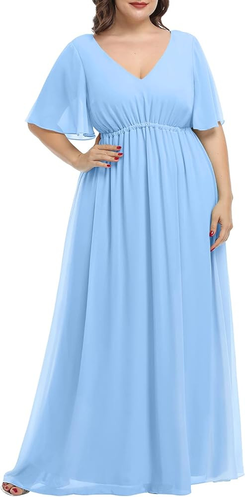 Pinup Fashion Women's Plus Size Chiffon Double V-Neck Empire Waist Ball Gowns for Evening Party F... | Amazon (US)