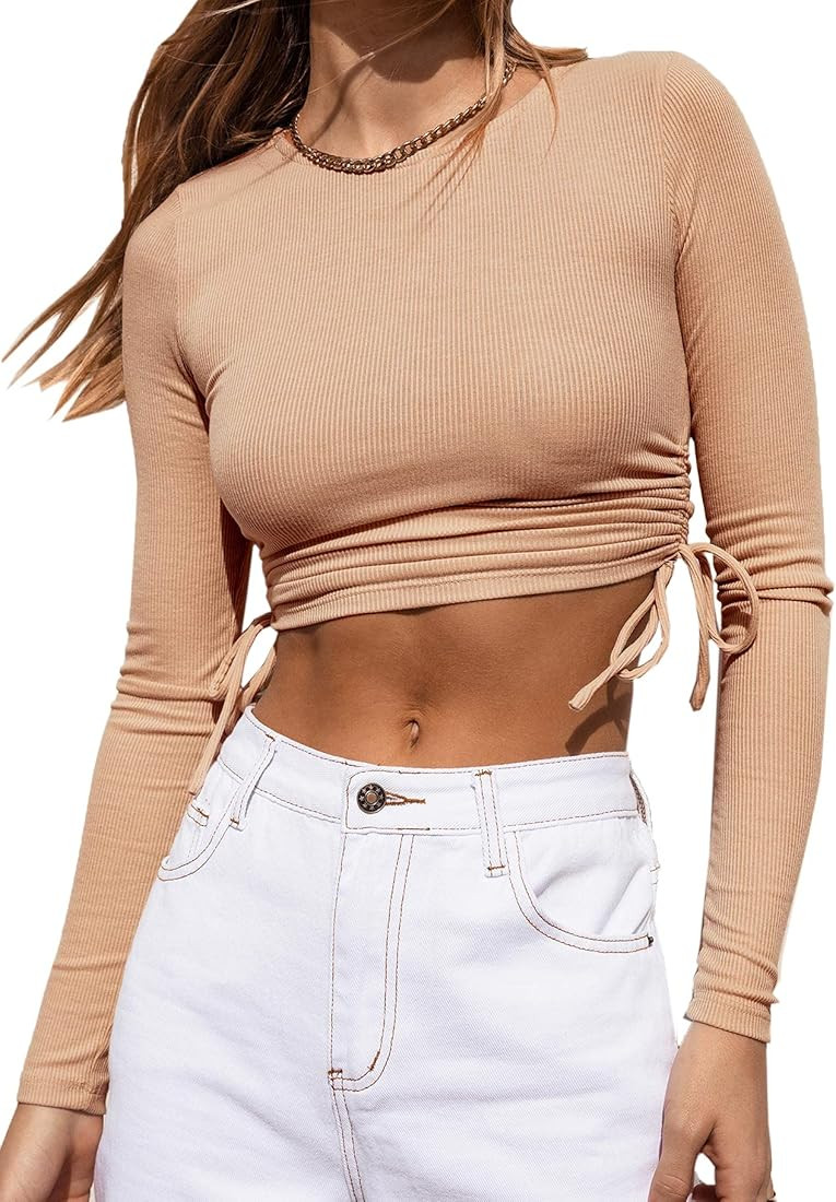 Deerose Womens Long Sleeve Crop Tops Ruched Drawstring Bodycon T-Shirt | Amazon (US)