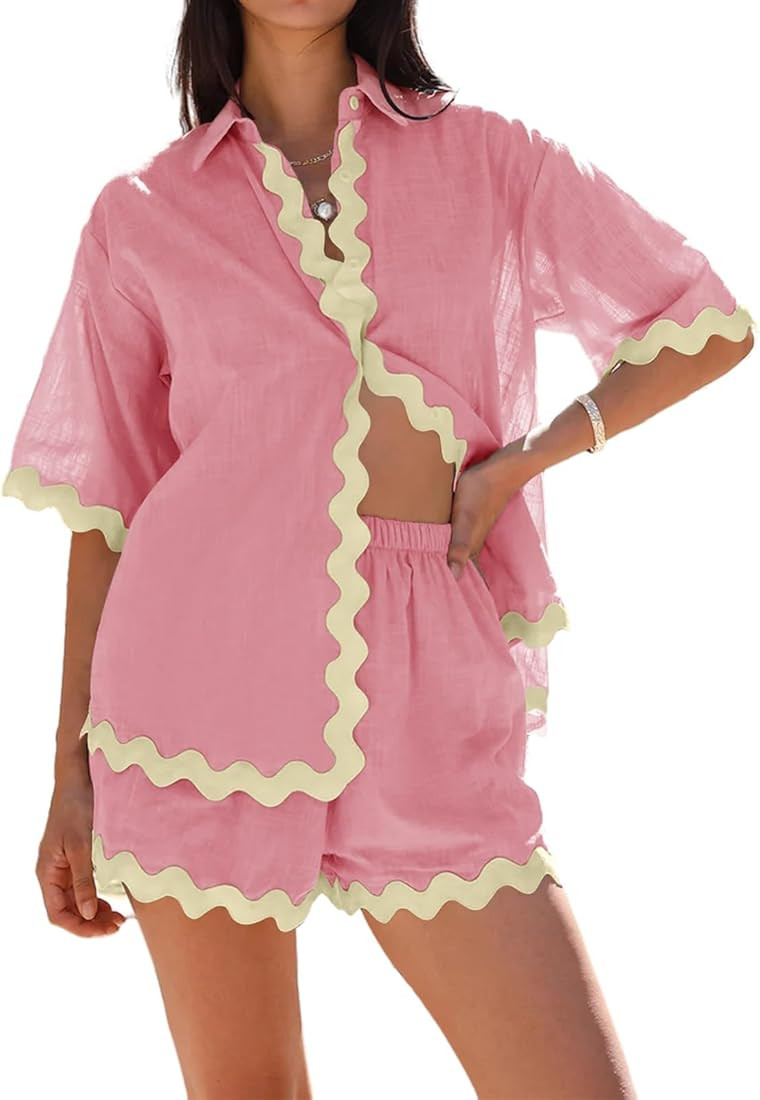 Danedvi Womens 2 Pieces Outfits Summer Short Sleeve V Neck Shirts and Shorts Sets | Amazon (US)