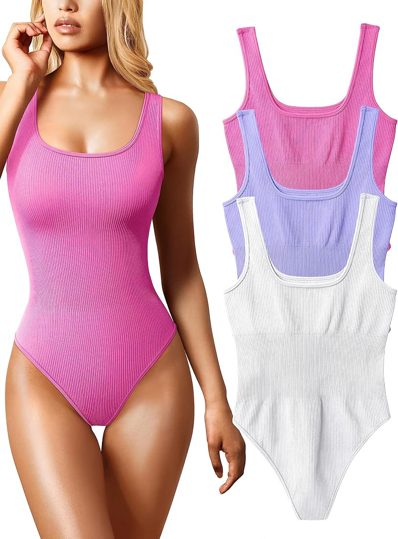 OQQ Women's 3 Piece Bodysuits Sexy Ribbed Sleeveless Square Neck Sleeveless Tank Tops Bodysuits | Amazon (US)
