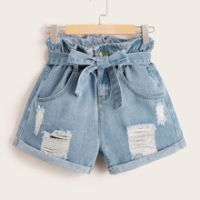 Plus Belt Paper bag Waist Ripped Roll Hem Denim Shorts | SHEIN