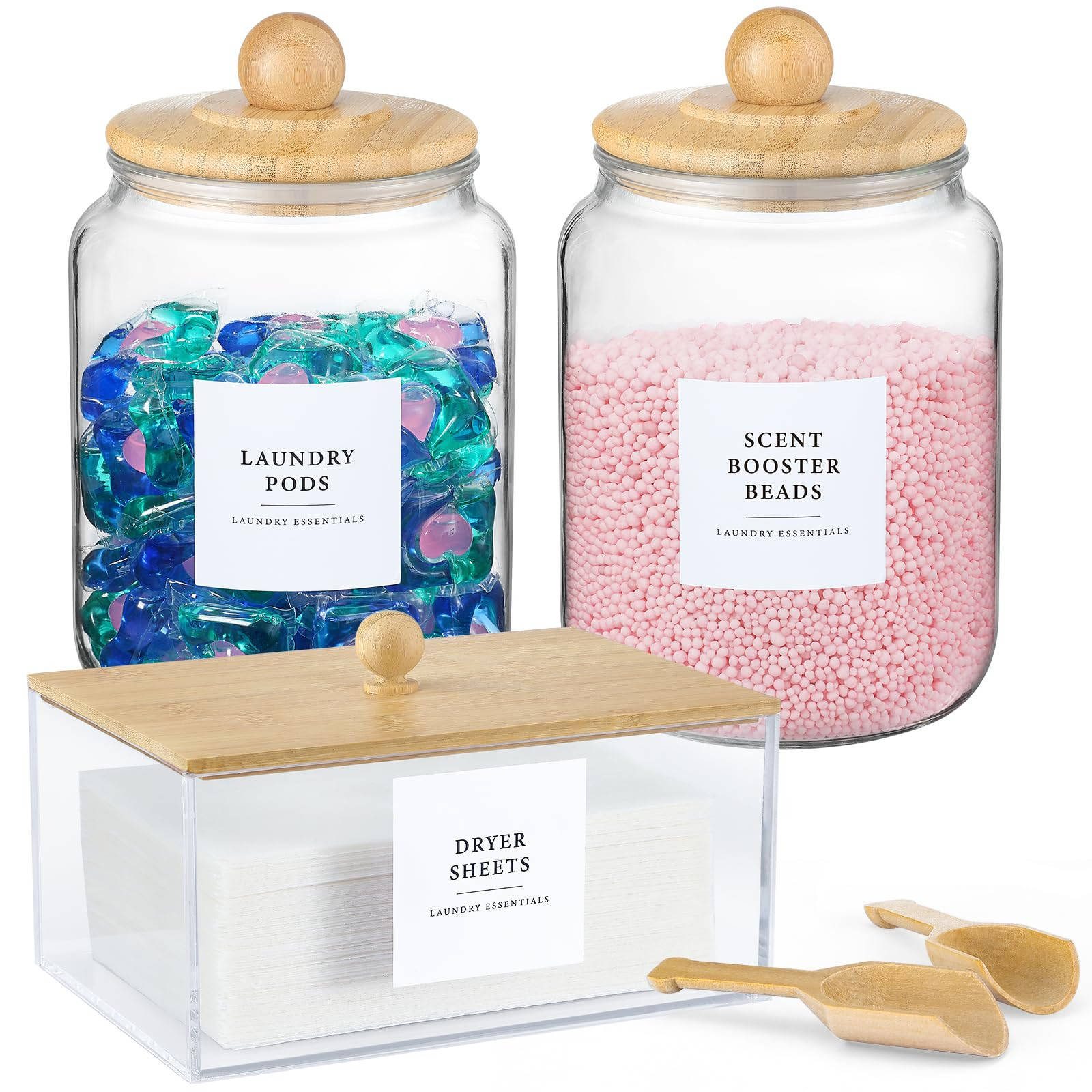 Glass Jars and Dryer Sheet Holder with Bamboo Lids, Dispenser Set and Labels, Containers for Laun... | Amazon (US)