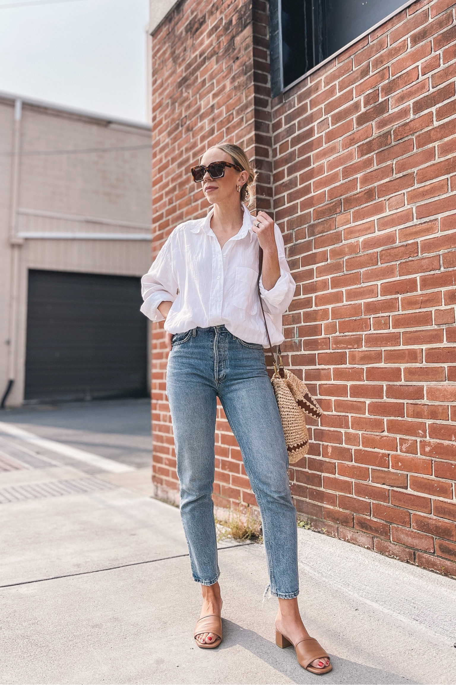 Classic summer style, white linen button down shirt, AGOLDE straight leg jeans, straw tote bag, mule sandals 

#LTKsalealert #LTKunder50 #LTKunder100