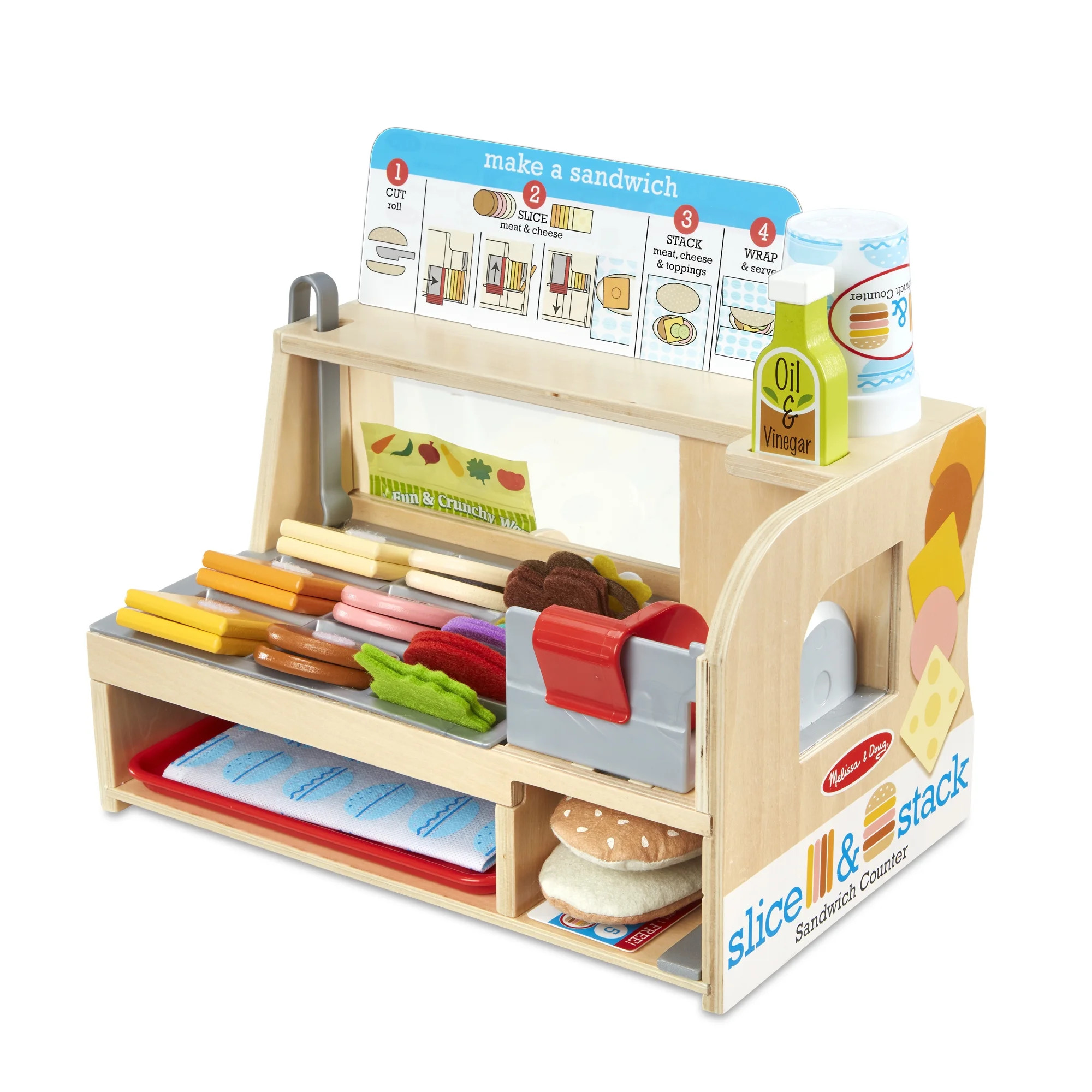 Melissa & Doug Wooden Slice & Stack Sandwich Counter with Deli Slicer – 56-Piece Pretend Play F... | Walmart (US)