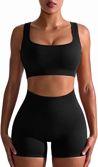 OQQ Workout Outfits for Women 2 Piece Seamless Ribbed High Waist Leggings with Sports Bra Exercise S | Amazon (US)