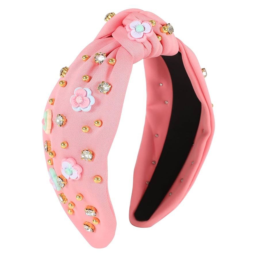 Flower Knotted Headbands for Women Sparkly Beaded Crystal Floral Headband Wide Top Knot Fancy Emb... | Amazon (US)